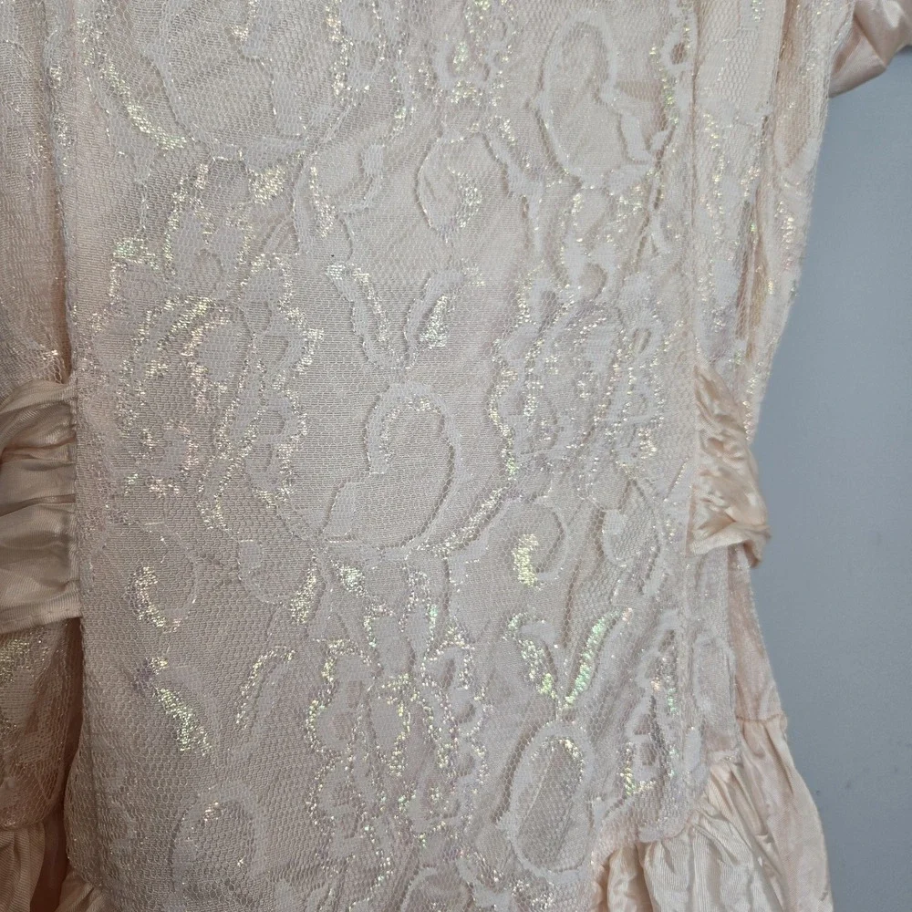 Vtg 80s Mayvens of California Iridescent Peach Pink Lace Puff Sleeve Prom Dress - Picture 5 of 14